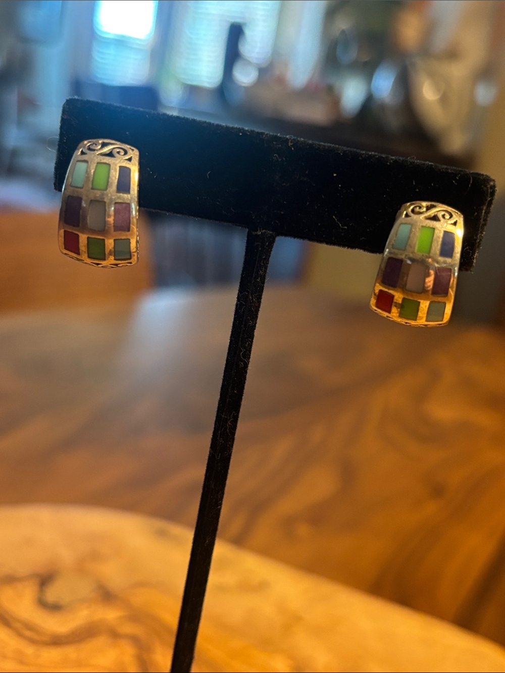Multicolor Inlay Sterling Silver Huggie Earrings